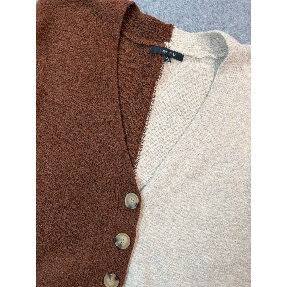 Love Tree Women Brown Oatmeal Colorblock Button Front Cropped Cardigan Sweater L